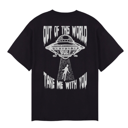 Musta oversize t-paita Ufo printillä takaa